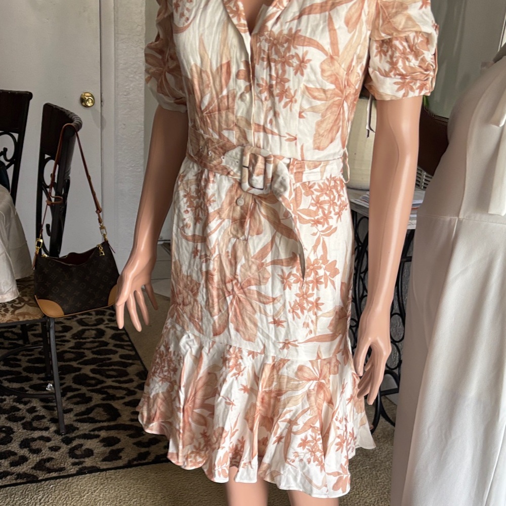 ANTONIO MELANI Floral Belted Midi Dress in Cream and Tan